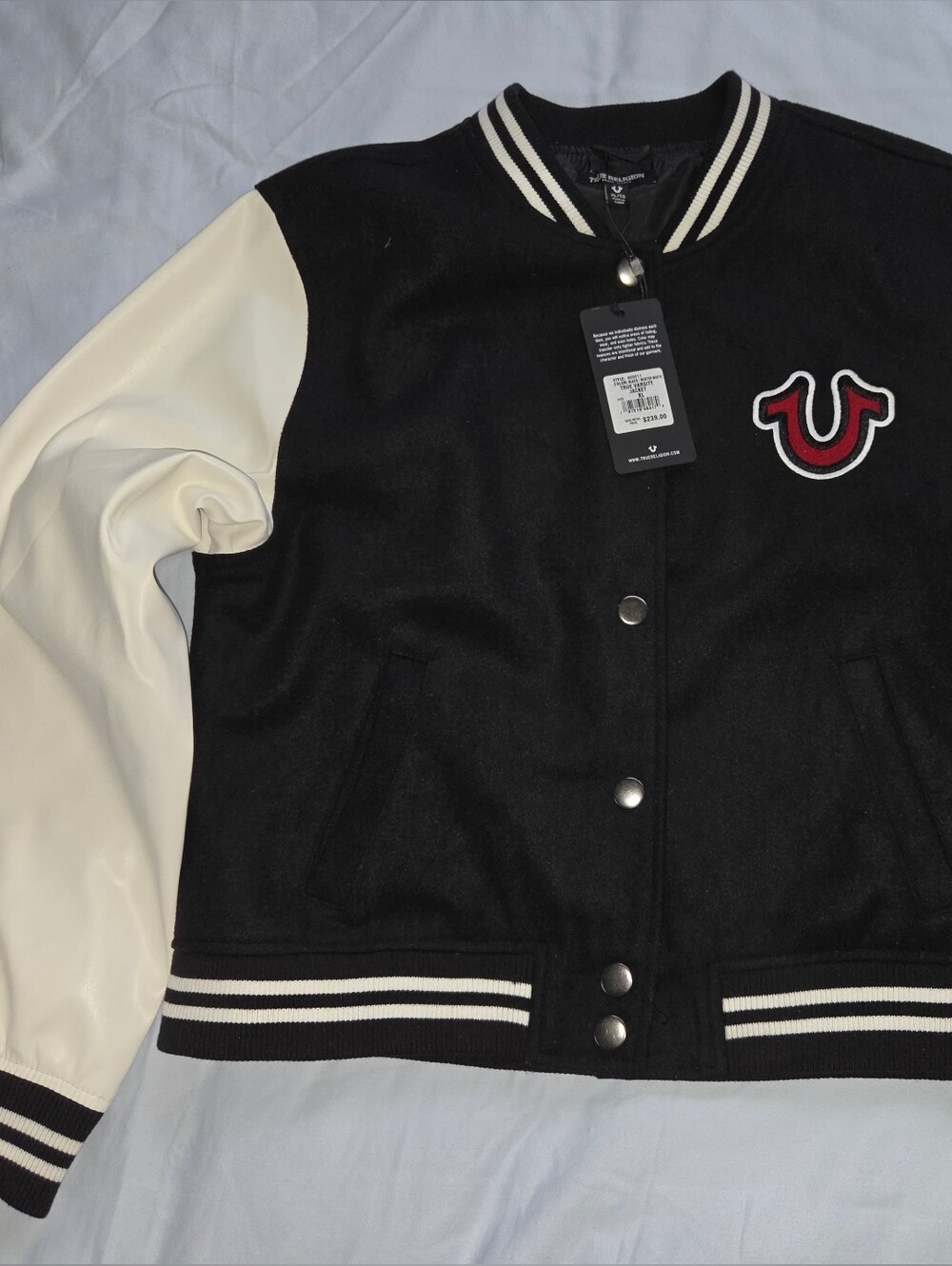 True Religion Black Varsity Jacket with White Sleeves